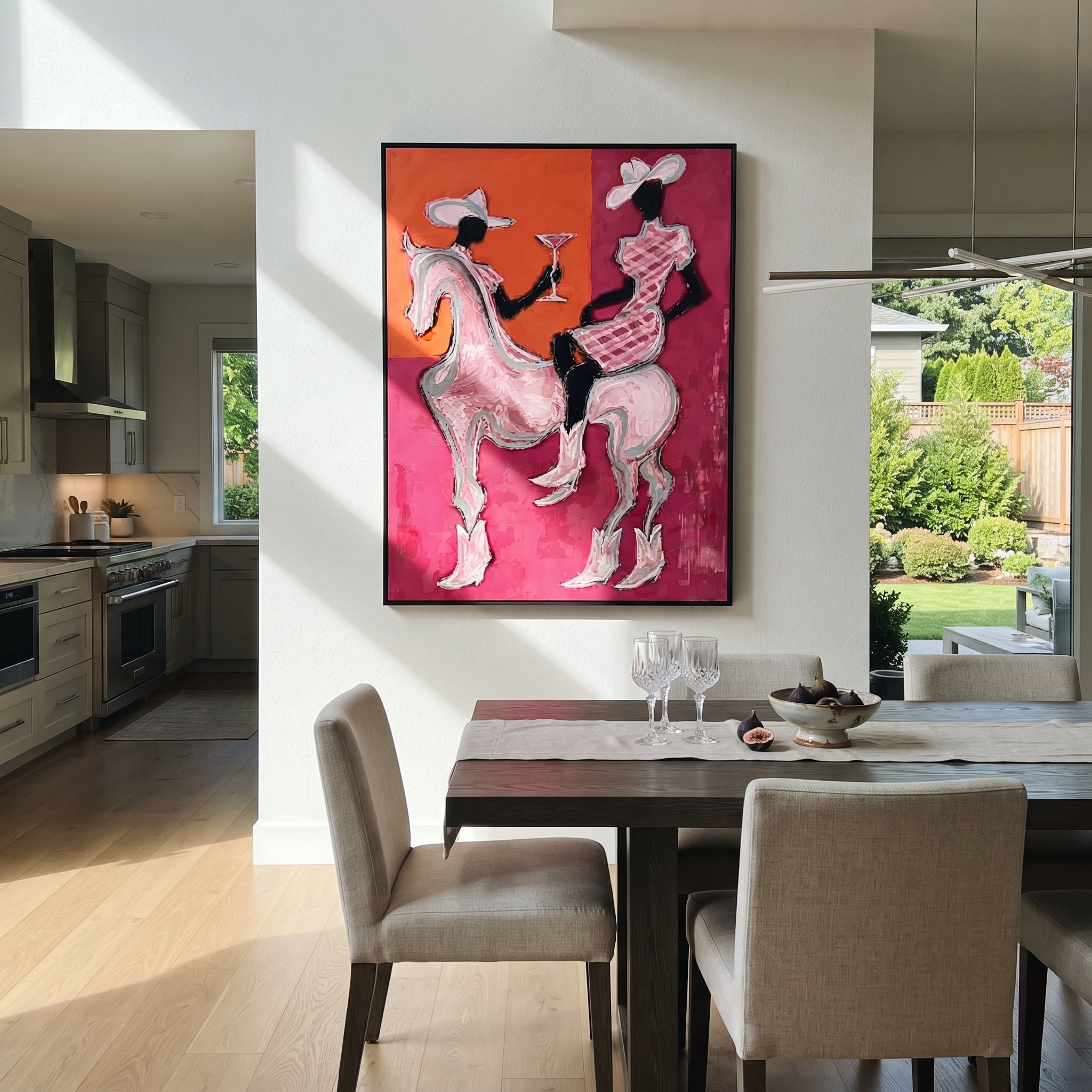Pink Riders Exchange Toast - pink horse cowgirls painting by Ethan Mercer, contemporary Western vertical wall art – styled room scene view 4