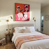 Pink Riders Exchange Toast - pink horse cowgirls painting by Ethan Mercer, contemporary Western vertical wall art – styled room scene view 5