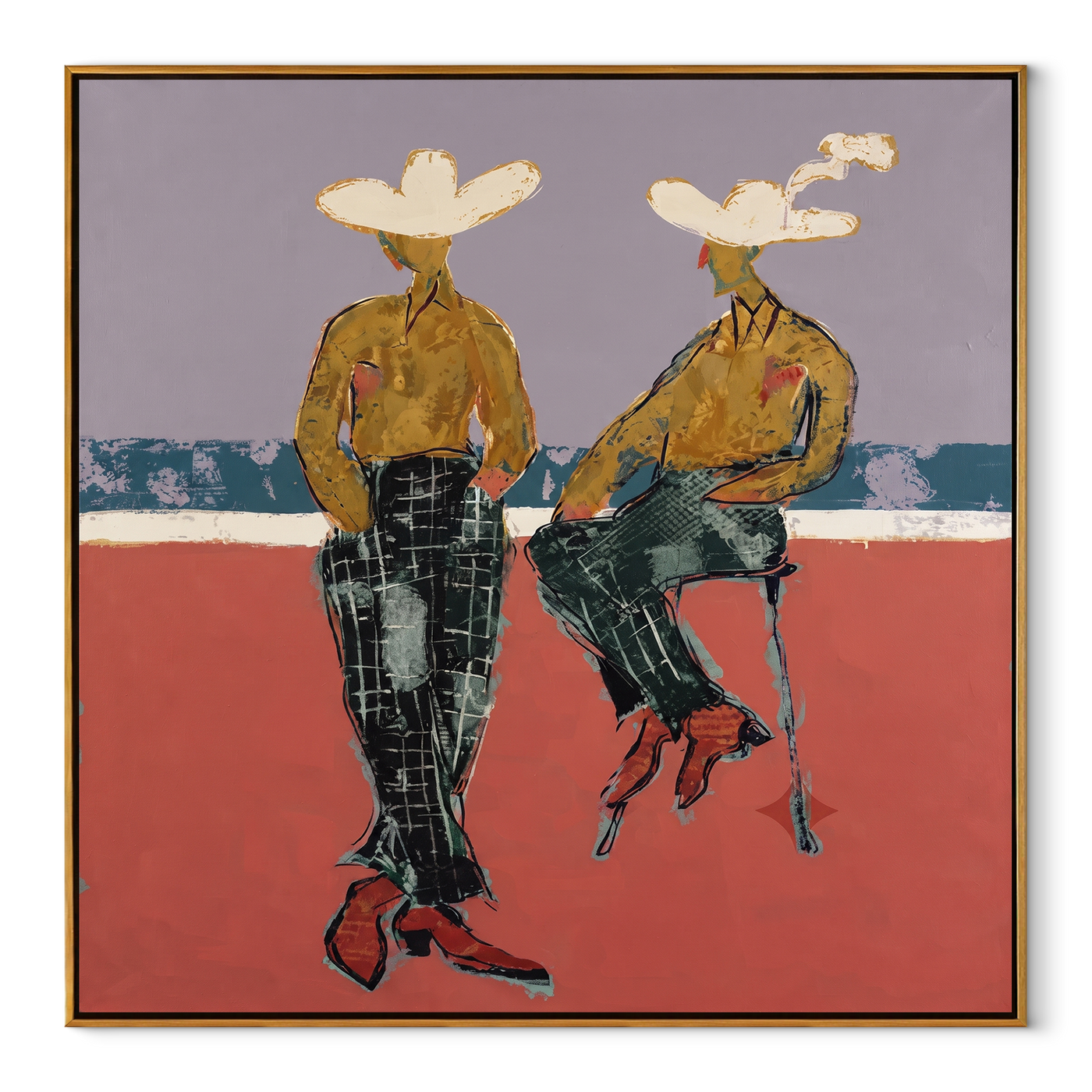 Gold Shirts Hold Horizon - modern cowboy pair painting by Ethan Mercer, contemporary Western square wall art – wood frame on white background