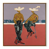 Gold Shirts Hold Horizon - modern cowboy pair painting by Ethan Mercer, contemporary Western square wall art – wood frame on white background
