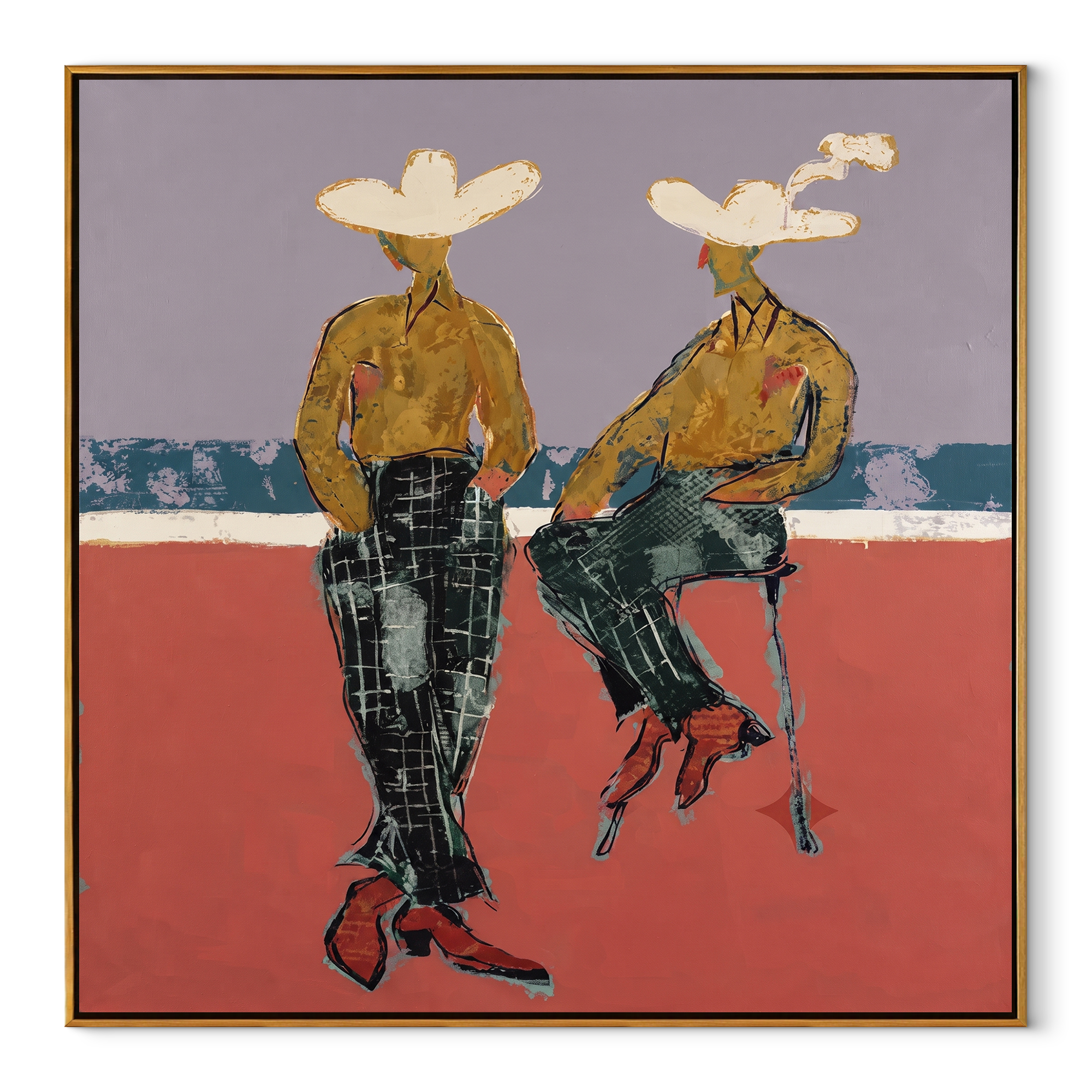 Gold Shirts Hold Horizon - modern cowboy pair painting by Ethan Mercer, contemporary Western square wall art – wood frame on white background