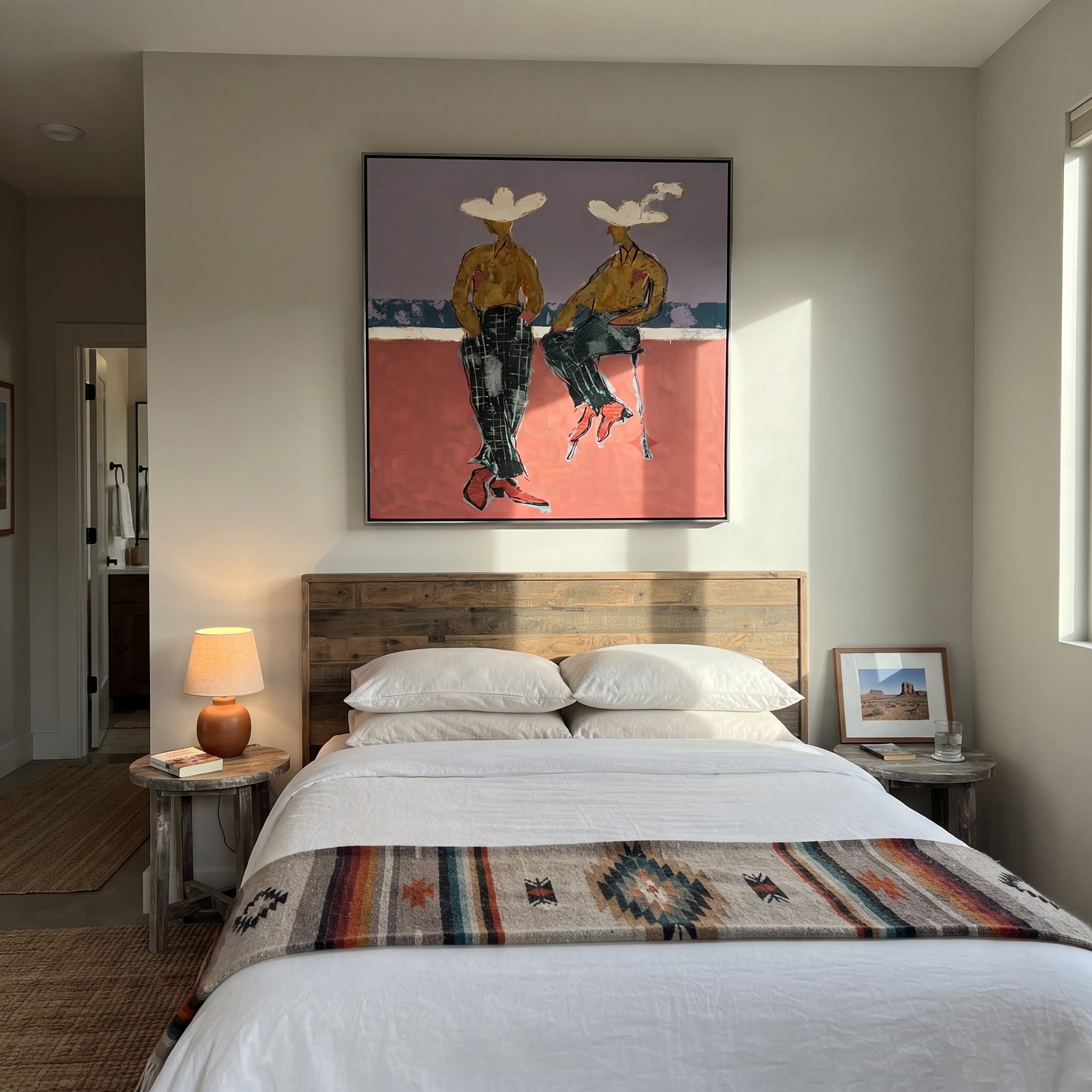 Gold Shirts Hold Horizon - modern cowboy pair painting by Ethan Mercer, contemporary Western square wall art – styled room scene view 4