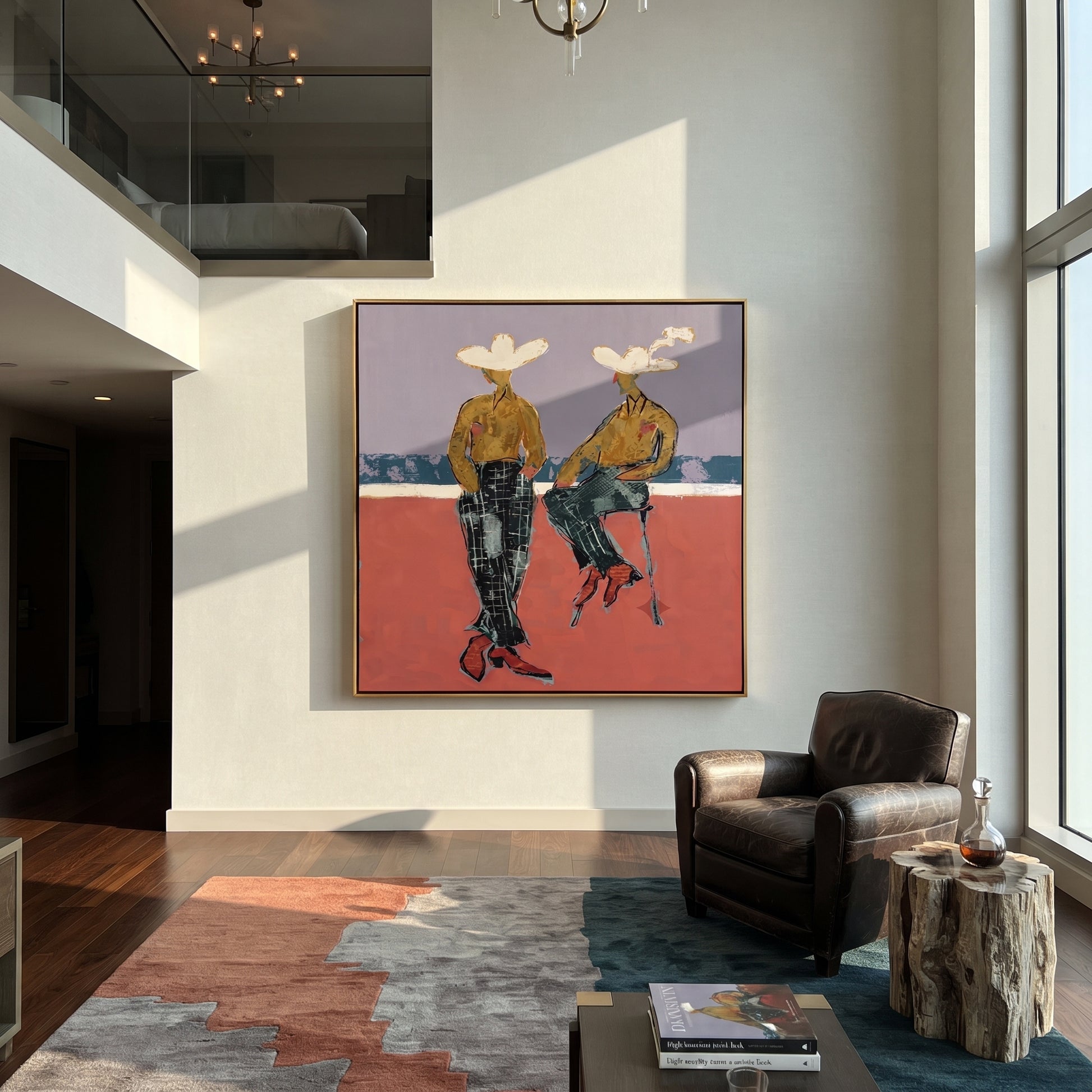 Gold Shirts Hold Horizon - modern cowboy pair painting by Ethan Mercer, contemporary Western square wall art – styled room scene view 5
