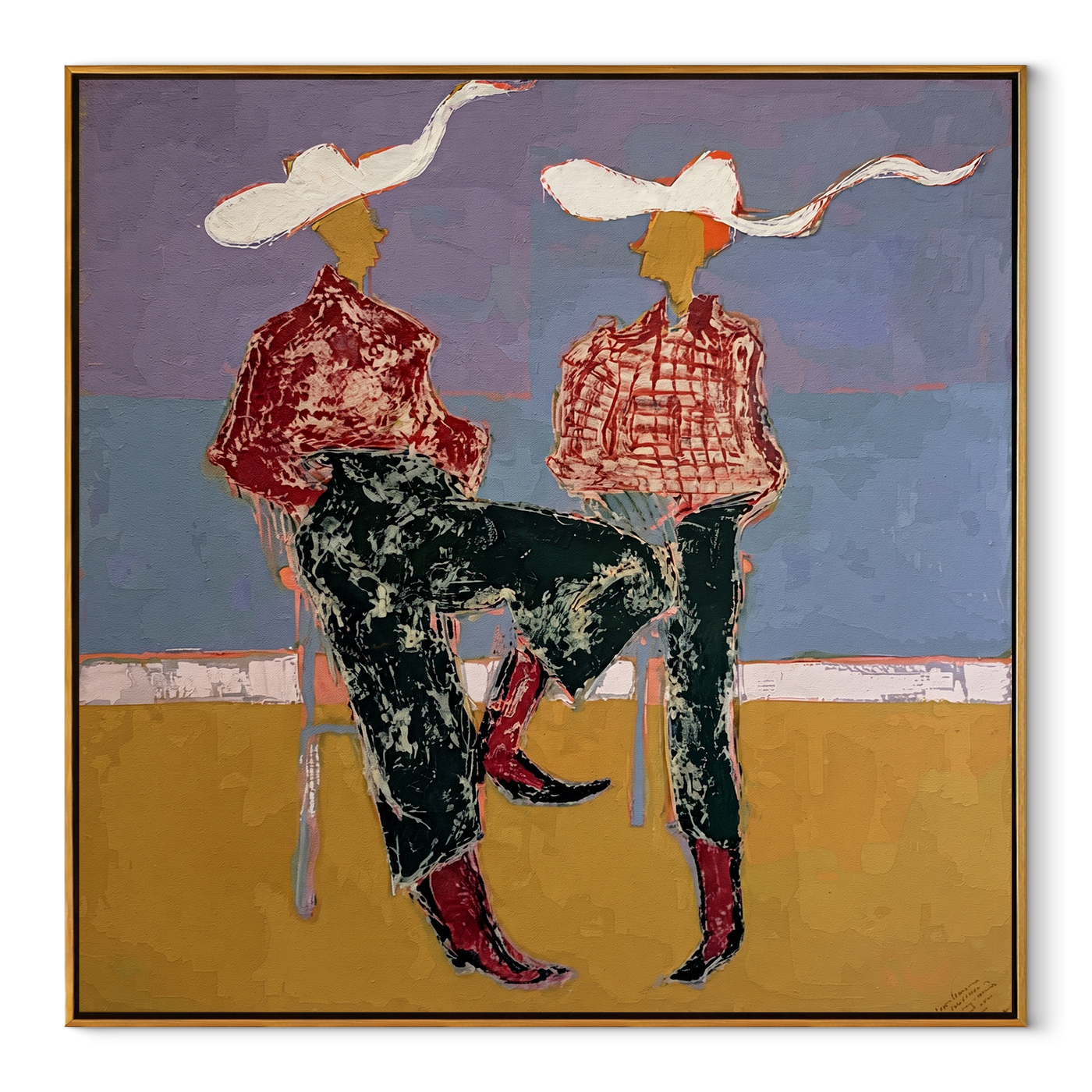 White Ribbons Cross Blue - seated cowgirl pair painting by Ethan Mercer, contemporary Western square wall art - wood frame on white background