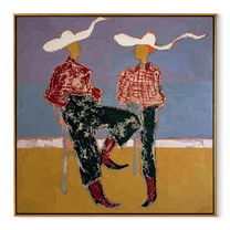 White Ribbons Cross Blue - seated cowgirl pair painting by Ethan Mercer, contemporary Western square wall art - wood frame on white background