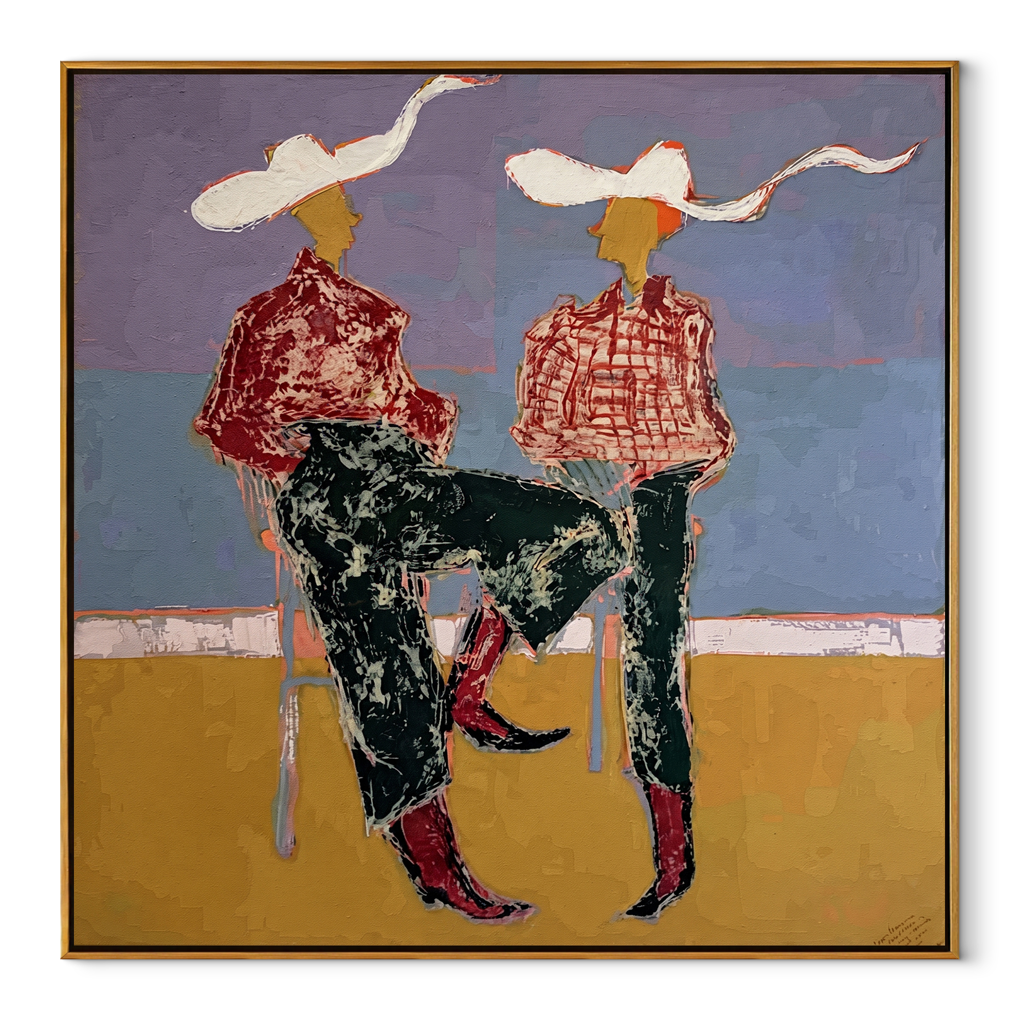 White Ribbons Cross Blue - seated cowgirl pair painting by Ethan Mercer, contemporary Western square wall art - wood frame on white background