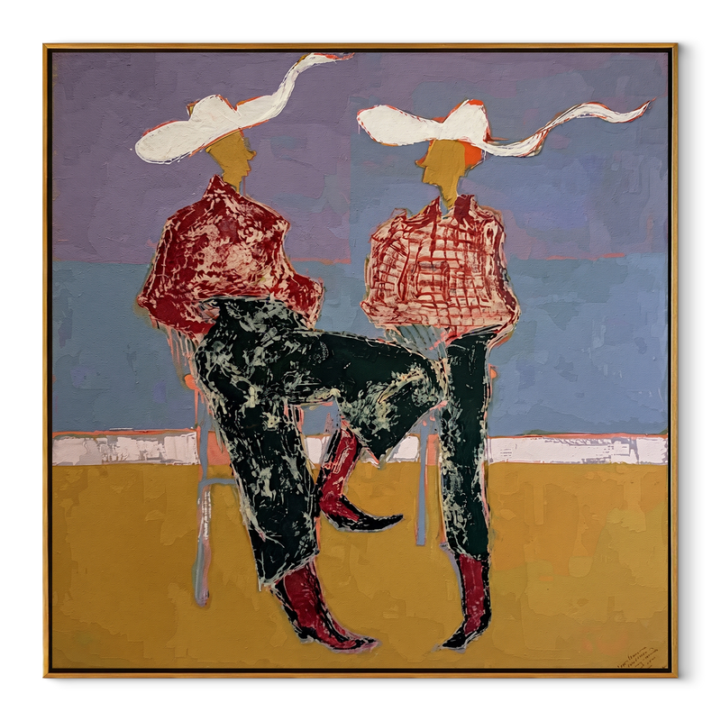 White Ribbons Cross Blue - Seated Cowgirl Pair Painting | Contemporary Western Square Wall Art