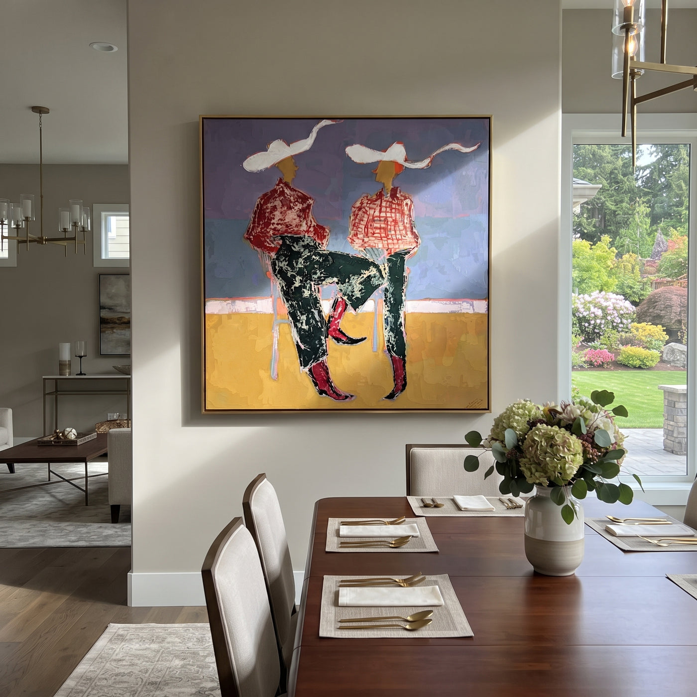 White Ribbons Cross Blue - seated cowgirl pair painting by Ethan Mercer, contemporary Western square wall art - styled room scene view 2