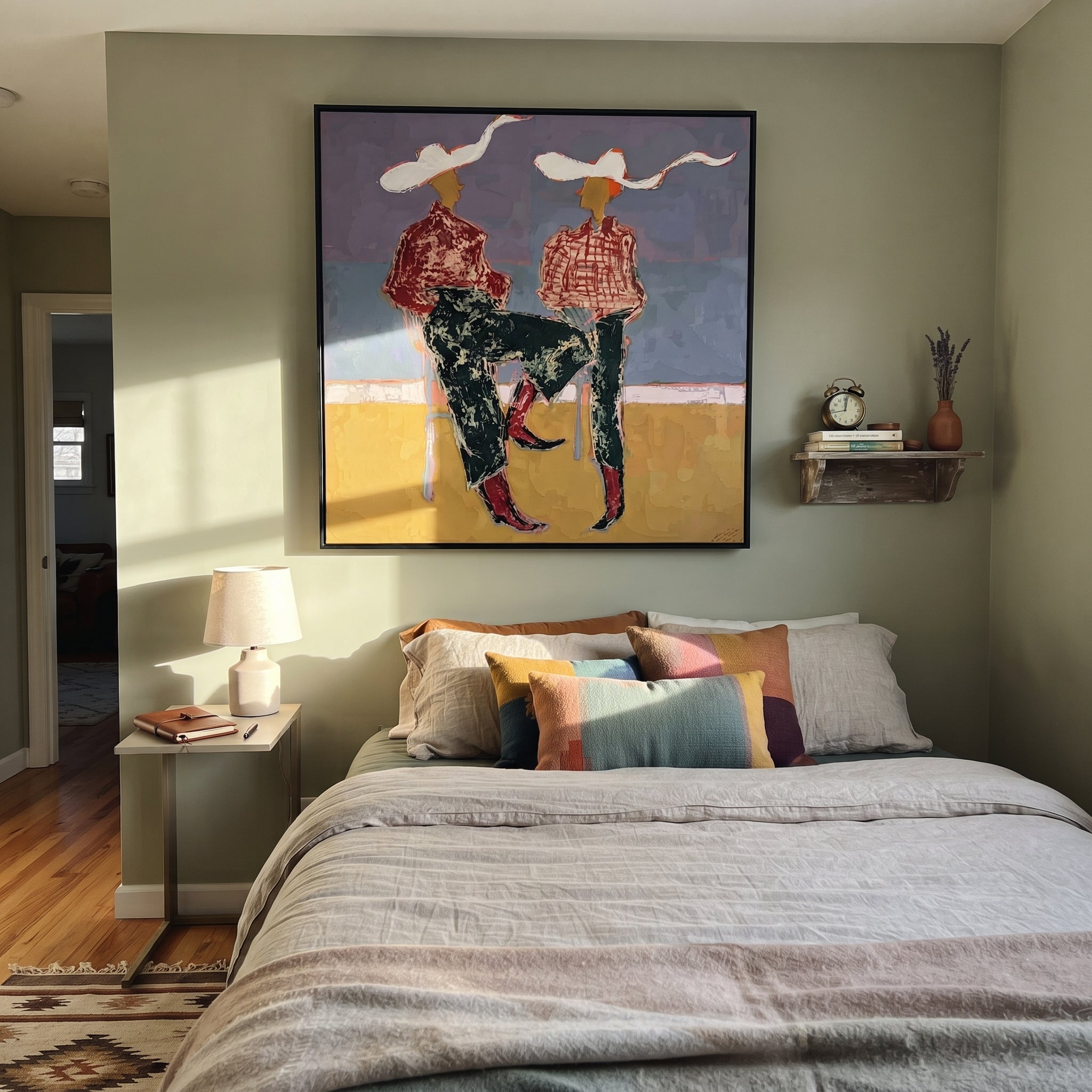 White Ribbons Cross Blue - seated cowgirl pair painting by Ethan Mercer, contemporary Western square wall art - styled room scene view 3