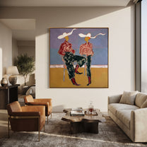 White Ribbons Cross Blue - seated cowgirl pair painting by Ethan Mercer, contemporary Western square wall art - styled room scene view 4