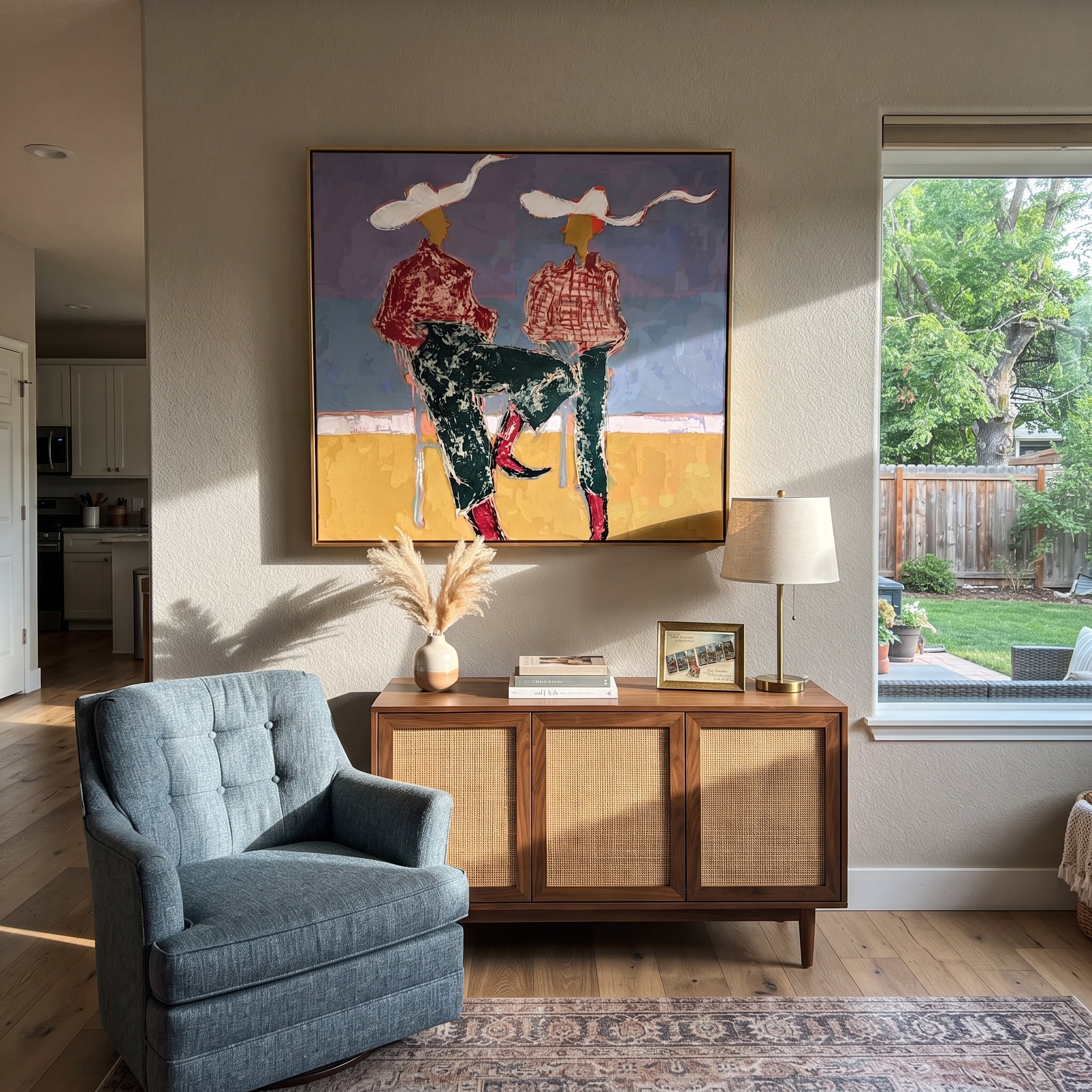White Ribbons Cross Blue - seated cowgirl pair painting by Ethan Mercer, contemporary Western square wall art - styled room scene view 5